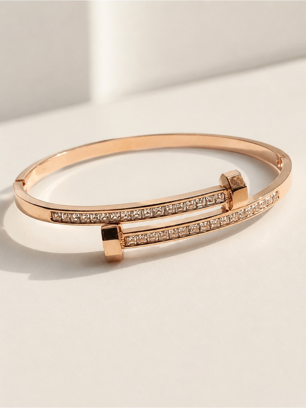 Rose Gold Plated Crystal Accent Open Bangle Bracelet size 7